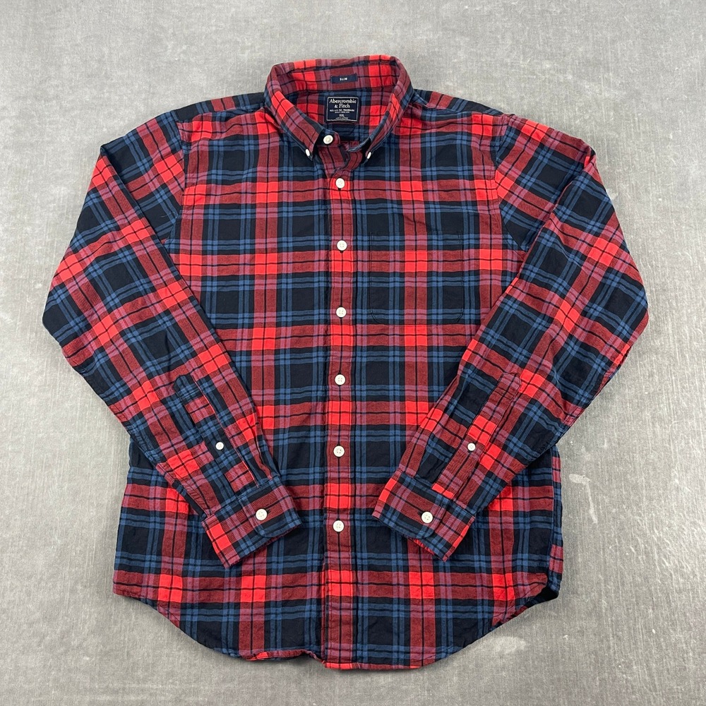 Abercrombie & Fitch Mens XXL Red Navy Blue Plaid Slim Fit Button Down Shirt